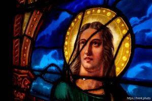 (Trent Nelson  |  The Salt Lake Tribune) Painted glass at the Holy Cross Hospital Chapel in Salt Lake City on Wednesday, May 7, 2025.
