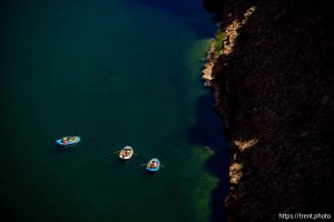 (Trent Nelson  |  The Salt Lake Tribune) Rafts on the Colorado River as seen from Navajo Bridge in Ariz. on Tuesday, May 20, 2025.