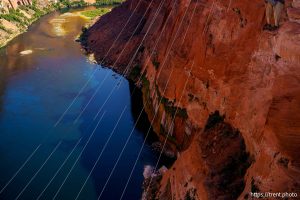 (Trent Nelson  |  The Salt Lake Tribune) High-voltage lines run to transmission towers at Glen Canyon Dam in Page, Ariz., on Tuesday, May 20, 2025.