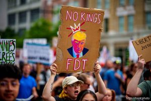 (Trent Nelson | The Salt Lake Tribune) 'No Kings' protest march in Salt Lake City, Saturday, June 14, 2025.