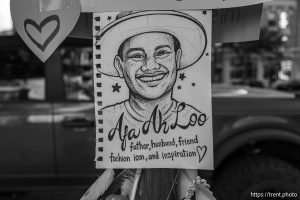 (Trent Nelson  |  The Salt Lake Tribune) A makeshift memorial for Arthur Folasa Ah Loo near the spot where he was killed during a 'No Kings' march on State Street in Salt Lake City on Wednesday, June 18, 2025.