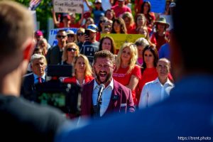 (Trent Nelson  |  The Salt Lake Tribune) 
Jason Preston speaks as people gather in support of Dr. Michael Kirk Moore Jr. in front of the Orrin G. Hatch U.S. Courthouse in Salt Lake City on Friday, July 11, 2025.