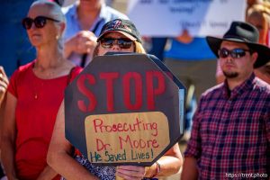 (Trent Nelson  |  The Salt Lake Tribune) 
as people gather in support of Dr. Michael Kirk Moore Jr. in front of the Orrin G. Hatch U.S. Courthouse in Salt Lake City on Friday, July 11, 2025.