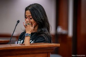 (Trent Nelson  |  The Salt Lake Tribune) Demmi Nava-Zapien speaks as the Utah County Commission hears public comment on a proposed agreement with ICE, in Provo on Wednesday, July 16, 2025.