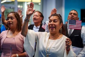 (Trent Nelson  |  The Salt Lake Tribune) Citizens recite the Oath of Allegiance at a naturalization ceremony in Kearns on Tuesday, Aug. 5, 2025.