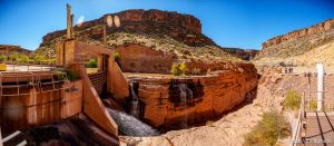 (Trent Nelson  |  The Salt Lake Tribune) The Virgin River flows through the Quail Creek Diversion Dam Project in this composite panorama on Tuesday September 16, 2025.