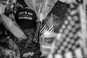 (Trent Nelson  |  The Salt Lake Tribune) Memorials to Charlie Kirk at Utah Valley University in Orem on Monday, Sept. 29, 2025.