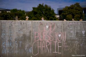 (Trent Nelson  |  The Salt Lake Tribune) Memorials to Charlie Kirk at Utah Valley University in Orem on Monday, Sept. 29, 2025.