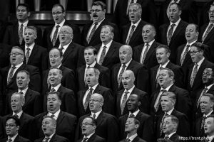 (Trent Nelson  |  The Salt Lake Tribune) Choir members during a session of General Conference of The Church of Jesus Christ of Latter-day Saints at the Conference Center in Salt Lake City, Sunday, Oct. 5, 2025.