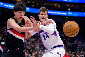 (Trent Nelson  |  The Salt Lake Tribune) Portland center Yang Hansen and Utah Jazz center Walker Kessler (24) as the Utah Jazz host the Portland Trail Blazers, NBA basketball in Salt Lake City on Thursday, Oct. 16, 2025.