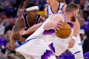 (Trent Nelson  |  The Salt Lake Tribune) LA Clippers guard Bradley Beal defending Utah Jazz guard Svi Mykhailiuk (10) as the Utah Jazz host the LA Clippers, NBA basketball in Salt Lake City on Wednesday, Oct. 22, 2025.