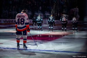 (Trent Nelson  |  The Salt Lake Tribune) New York Islanders defenseman Matthew Schaefer (48). Utah Mammoth host the New York Islanders, NHL hockey in Salt Lake City on Friday, Nov. 14, 2025.