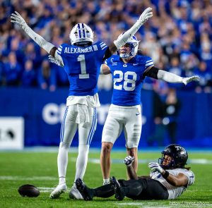 (Trent Nelson  |  The Salt Lake Tribune) 
BYU Cougars cornerback Therrian Alexander (1) and BYU Cougars safety Tanner Wall (28) celebrate an incomplete TCU pass as BYU hosts TCU, NCAA football in Provo on Saturday, Nov. 15, 2025.