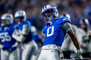 (Trent Nelson  |  The Salt Lake Tribune) BYU Cougars defensive back Evan Johnson (0) celebrates after sacking Texas Christian University Horned Frogs quarterback Josh Hoover (10) as BYU hosts TCU, NCAA football in Provo on Saturday, Nov. 15, 2025.