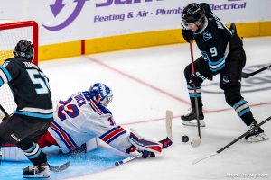 (Trent Nelson  |  The Salt Lake Tribune) Utah Mammoth right wing Clayton Keller (9) scores on New York Rangers goaltender Jonathan Quick (32) as the Utah Mammoth host the New York Rangers in Salt Lake City on Saturday, Nov. 22, 2025.
