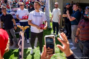 (Trent Nelson  |  The Salt Lake Tribune) Charlie Kirk appears at Utah Valley University in Orem on Wednesday, Sept. 10, 2025. He was shot minutes later.