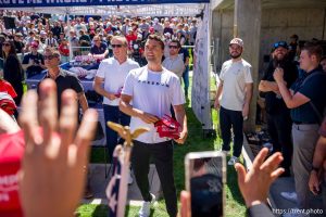 (Trent Nelson  |  The Salt Lake Tribune) Charlie Kirk appears at Utah Valley University in Orem on Wednesday, Sept. 10, 2025. He was shot minutes later.