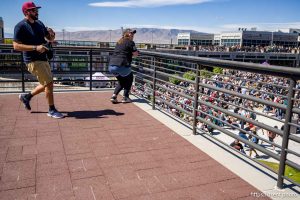 (Trent Nelson  |  The Salt Lake Tribune) People react after Charlie Kirk is shot during an appearance at Utah Valley University in Orem on Wednesday, Sept. 10, 2025.