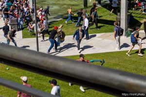 (Trent Nelson  |  The Salt Lake Tribune) People react after Charlie Kirk is shot during an appearance at Utah Valley University in Orem on Wednesday, Sept. 10, 2025.