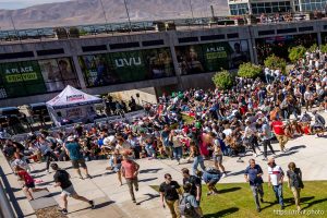 (Trent Nelson  |  The Salt Lake Tribune) People react after Charlie Kirk is shot during an appearance at Utah Valley University in Orem on Wednesday, Sept. 10, 2025.