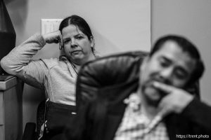 (Trent Nelson  |  The Salt Lake Tribune) Tammy Staples sheds a tear as her husband Gildardo Escobar describes his experience being detained by ICE during an interview in Murray on Wednesday, Dec. 3, 2025.