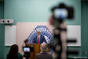 (Trent Nelson  |  The Salt Lake Tribune) Sim Gill announcing charges in the No Kings Shooting at a news conference in Salt Lake City on Wednesday, Dec. 3, 2025.