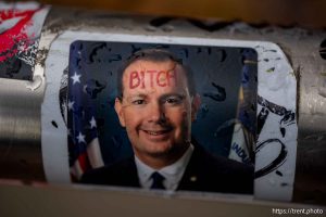 Mike Lee sticker in Salt Lake City on Friday, Dec. 5, 2025.