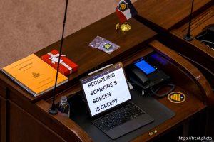 (Trent Nelson  |  The Salt Lake Tribune) The desk of Sen. Daniel McCay, R-Riverton, in the Senate Chamber during a special session at the Utah Capitol in Salt Lake City on Tuesday, Dec. 9, 2025.