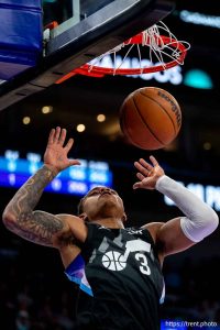 (Trent Nelson  |  The Salt Lake Tribune) Utah Jazz guard Keyonte George (3)j as the Utah Jazz host the Dallas Mavericks, NBA basketball in Salt Lake City on Monday, Dec. 15, 2025.