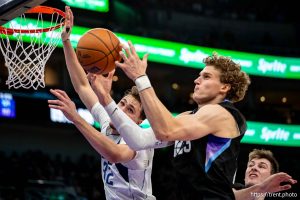 (Trent Nelson  |  The Salt Lake Tribune) Utah Jazz forward Lauri Markkanen (23) pulls in a rebound in front of Dallas Mavericks forward Cooper Flagg (32) in overtime as the Utah Jazz host the Dallas Mavericks, NBA basketball in Salt Lake City on Monday, Dec. 15, 2025.