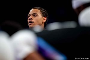 (Trent Nelson  |  The Salt Lake Tribune) Utah Jazz guard Keyonte George (3) as the Utah Jazz host the Dallas Mavericks, NBA basketball in Salt Lake City on Monday, Dec. 15, 2025.