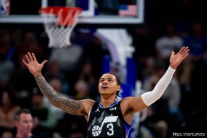 (Trent Nelson  |  The Salt Lake Tribune) Utah Jazz guard Keyonte George (3) as the Utah Jazz host the Dallas Mavericks, NBA basketball in Salt Lake City on Monday, Dec. 15, 2025.