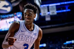 (Trent Nelson  |  The Salt Lake Tribune) BYU Cougars forward AJ Dybantsa (3) as BYU hosts Pacific, NCAA basketball in Provo on Tuesday, Dec. 16, 2025.