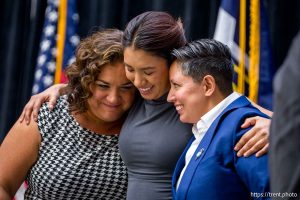 (Trent Nelson  |  The Salt Lake Tribune) Salt Lake City Council members Victoria Petro, Eva Lopez Chavez and Erika Carlsen embrace following an inauguration ceremony for Salt Lake City elected officials on Monday, Jan. 5, 2026.