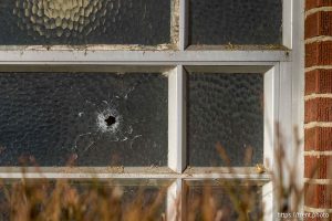 (Trent Nelson  |  The Salt Lake Tribune) A bullet hole in the window of the bishop's office at a meetinghouse of The Church of Jesus Christ of Latter-day Saints the day after a shooting in the Jordan Meadows neighborhood of Salt Lake City on Thursday, Jan. 8, 2026.