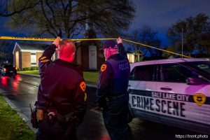 (Trent Nelson  |  The Salt Lake Tribune) Law enforcement at the site of a shooting at a meetinghouse of The Church of Jesus Christ of Latter-day Saints in the Jordan Meadows neighborhood of Salt Lake City on Thursday, Jan. 8, 2026.