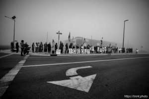 (Trent Nelson  |  The Salt Lake Tribune) A protest at a warehouse rumored to be under consideration for a future ICE facility in Salt Lake City on Friday, Jan. 16, 2026.