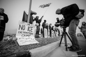 (Trent Nelson  |  The Salt Lake Tribune) A protest at a warehouse rumored to be under consideration for a future ICE facility in Salt Lake City on Friday, Jan. 16, 2026.