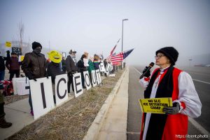 (Trent Nelson  |  The Salt Lake Tribune) Bishop Phyllis A. Spiegel at a protest at a warehouse rumored to be under consideration for a future ICE facility in Salt Lake City on Friday, Jan. 16, 2026.