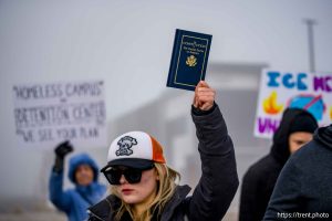 (Trent Nelson  |  The Salt Lake Tribune) A protest at a warehouse rumored to be under consideration for a future ICE facility in Salt Lake City on Friday, Jan. 16, 2026.